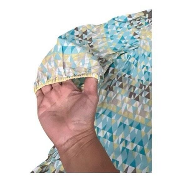 JM Collection Tunic 12 Geometric Print Blue Yellow Beaded Cotton Slit Pullover - Picture 5 of 12